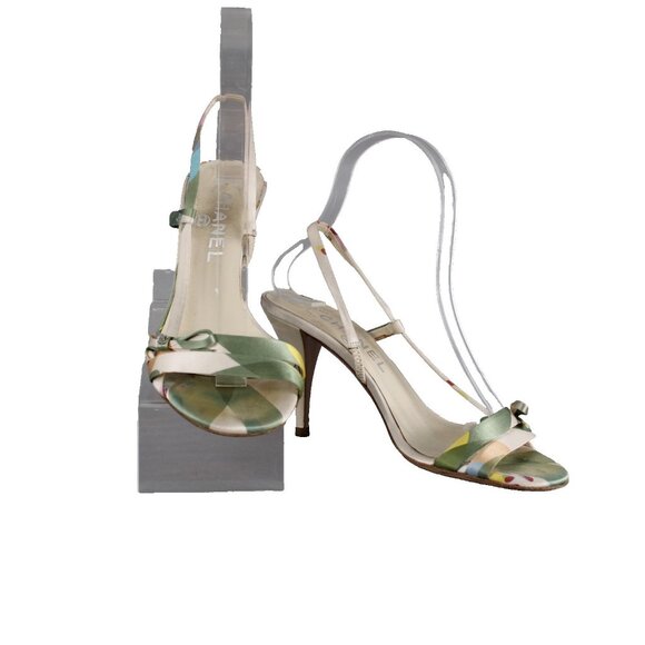 Chanel Heels Sz 36 Green White Multi Color Open Toe Ankle Strap 3" AS IS Heels - Picture 1 of 12